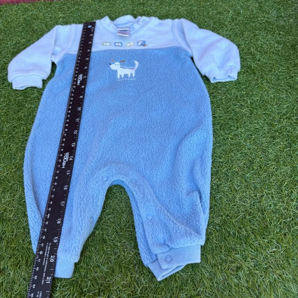 Vtg OshKosh Baby Boy Blue Fleece Dog Woof Sleepsuit Romper 3-6‎ Months 12-16 lbs